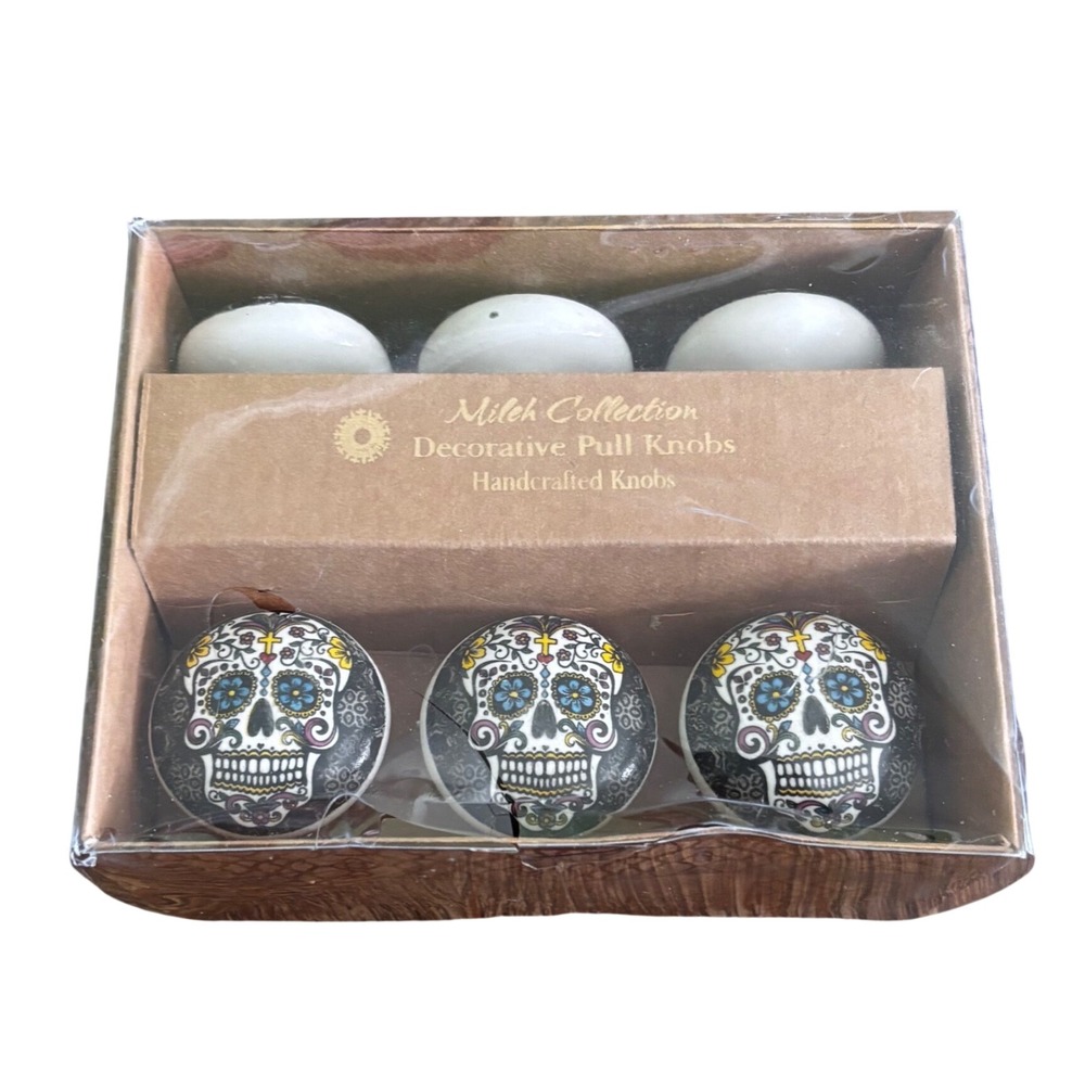Mitch Collection Sugar Skull Pull Knobs Set of 6 Multi Color NEW Handcrafted